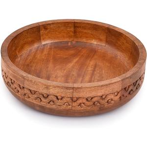 EDHAS Mango Wood Decorative Round Carved Bowl for Decoration, Centerpiece Bowl for Table (10" x 10" x 2.5")
