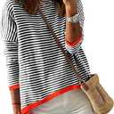 Womens Lightweight Cotton Sweaters Long Sleeve Crew Neck Color Block Striped Casual Knitted Pullover Tops  (Medium, Black White Placed Stripe)