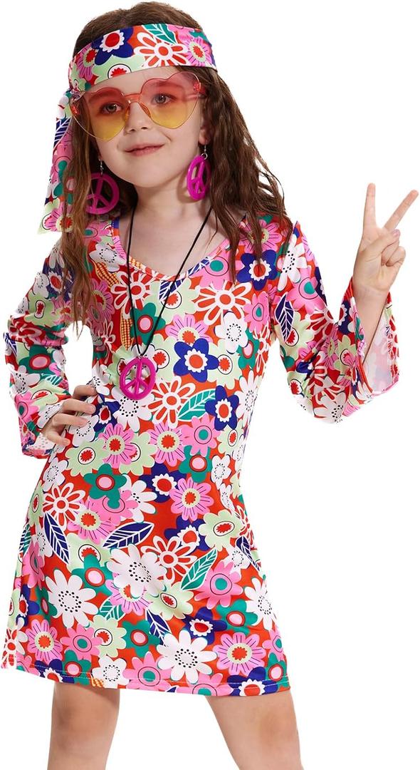 70s Hippie Dress for Girls, 1970s Outfits Peace Sign Necklace Headband, 60s Themed Party Costumes for Kids (Flower Power Pink, 5-6 Years)