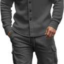 Men's Fleece Cargo Jacket Tracksuit Set 2 Pieces Solid Color Long Sleeve Button up Jacket and Cargo Pants Set, XL