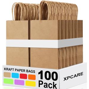 XPCARE 100Pcs Paper Gift Bags 5.25x3.25x8.25'', Small Paper Bag with Handles Bulk Shopping,Kraft,Retail,Party Bags for Small Business (Brown), 100 Count