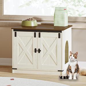 Hzuaneri Cat Litter Box Enclosure with Cushion, Hidden Litter Box Furniture with Removable Dividers, Reversible Entrance Left or Right Side, Cat House, Rustic White and Brown CB84514X