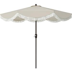 Tempera 9ft Auto Tilt Scalloped Patio Umbrellas with Fringe, Outdoor Table Umbrellas with Fade Resistant Canopy, 8 Sturdy Rids, Luxurious Vintage Umbrellas for Lawn, Pool, Deck, Balcony (Beige White)