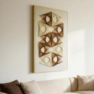 Thalasse Extra Large 3D Textured Framed Abstract Wall Art for Living Room, Modern Neutral Geometric String Artwork for Walls, Beige Brown Sandstone Minimalist Pictures for Hallway Home Decor 32x48 In