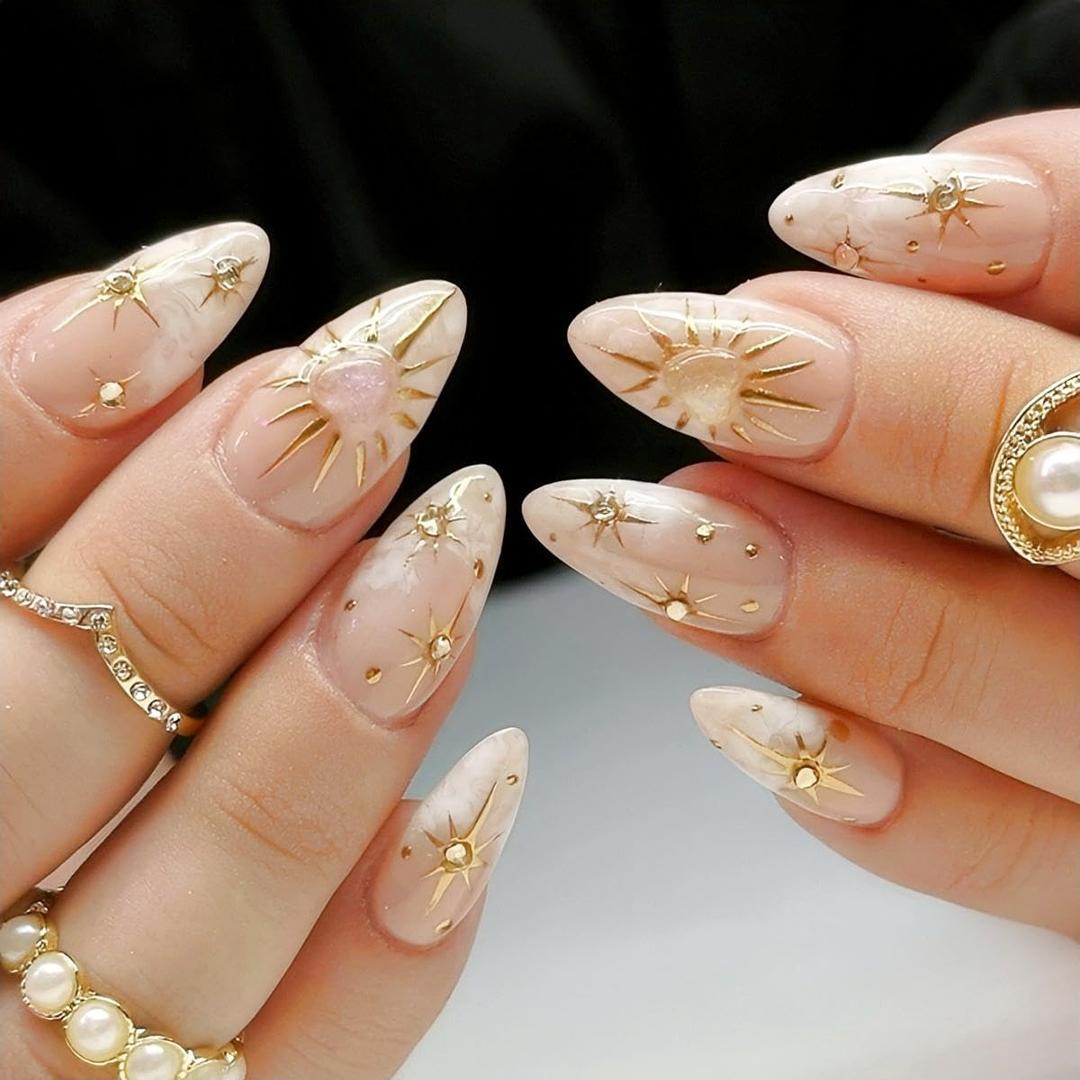 24pcs Press on Nails Medium Almond Fake Nails 3D Heart Diamond Designs Nails Press Ons Acrylic Full Cover Gel False Nails Gift for Women