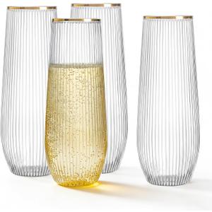 HOMIP 36pcs Plastic Champagne Flutes with Gold Rim - 9oz BPA-free Disposable Champagne Glasses, Ribbed Ripple Design for Weddings, Parties, Bars & Events (Stemless, Durable)