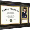 11x22 Diploma Frame with Tassel Holder, Graduate Frame for 8.5x11 Certificate Document and 4x6 Photo, Linen Texture Black over Gold Double Mats, HD Real Glass, Black with Gold Beads Embossing