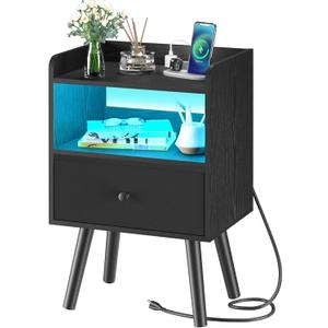 Yoobure Nightstand with Charging Station, Modern Night Stand with LED Lights, Wood Nightstands with Fabric Drawer & Storage Shelf, Night Stands Bedside Table with USB Ports for Bedroom, Office, Home