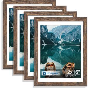 Hongkee 12x16 Picture Frame Set of 4, 12 x 16 Rustic Brown Wood(Mat 11x14), 12X16 in