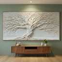 Tree of Life Wall Art White Relief Sculpture Canvas Prints Natural Framed Large Statement Piece 24 x 48 Inches Ready to Hang for Bedroom Living Room Office Hallway Home Decor
