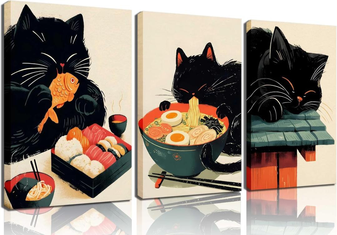 Pack of 3 Japanese Ramen Black Cat Wall Art Cute Animal Cats Eat Food Painting Pictures Tokyo Delicious Noodle Sushi Canvas Prints Hungry Cat Cuisine Poster For Kitchen Teens Room Wall Decor Framed