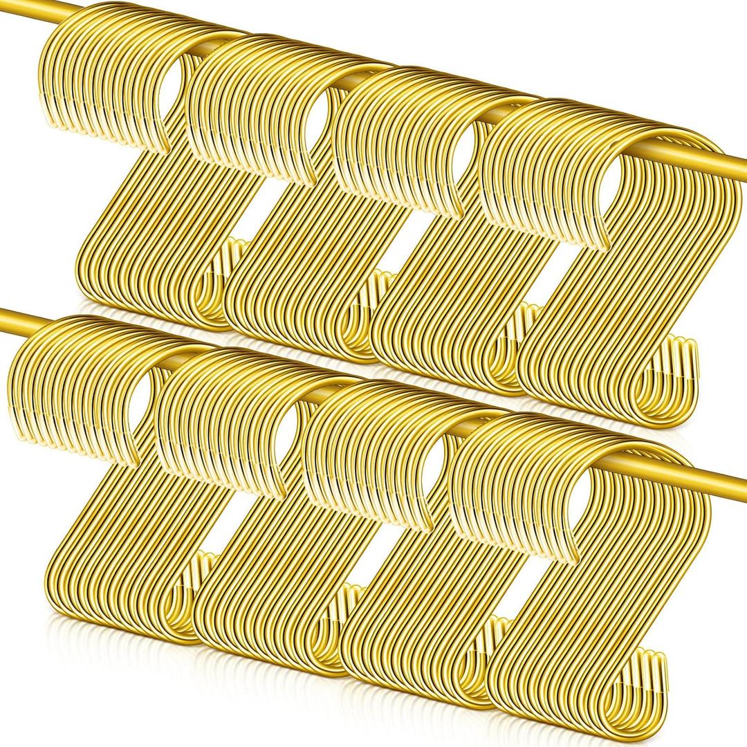 100 Pcs S Shaped Stainless Steel Hooks Metal Hanging Curtain Hooks Pan Pot Holder Rack for Hanging Pot, Pan, Cups, Plants, Bags, Jeans, Towels (Gold,1.57 Inch)