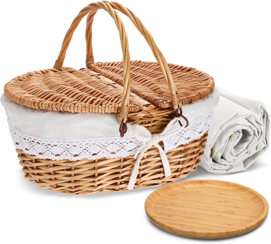Picnic Basket with Blankets and Bamboo Plates Picnic Supplies Set Basket with Lid and Handle Wicker Picnic Basket Sturdy Woven Body with Washable Lining for Camping (White)