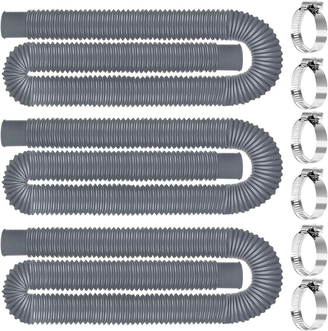 Replacement Pool Hoses for Above Ground Pools 1 1/4, 59"" Long Filter Pump Hose, 3 Packs Pool Pump Hose with 6 Metal Clamps (Grey), Gray