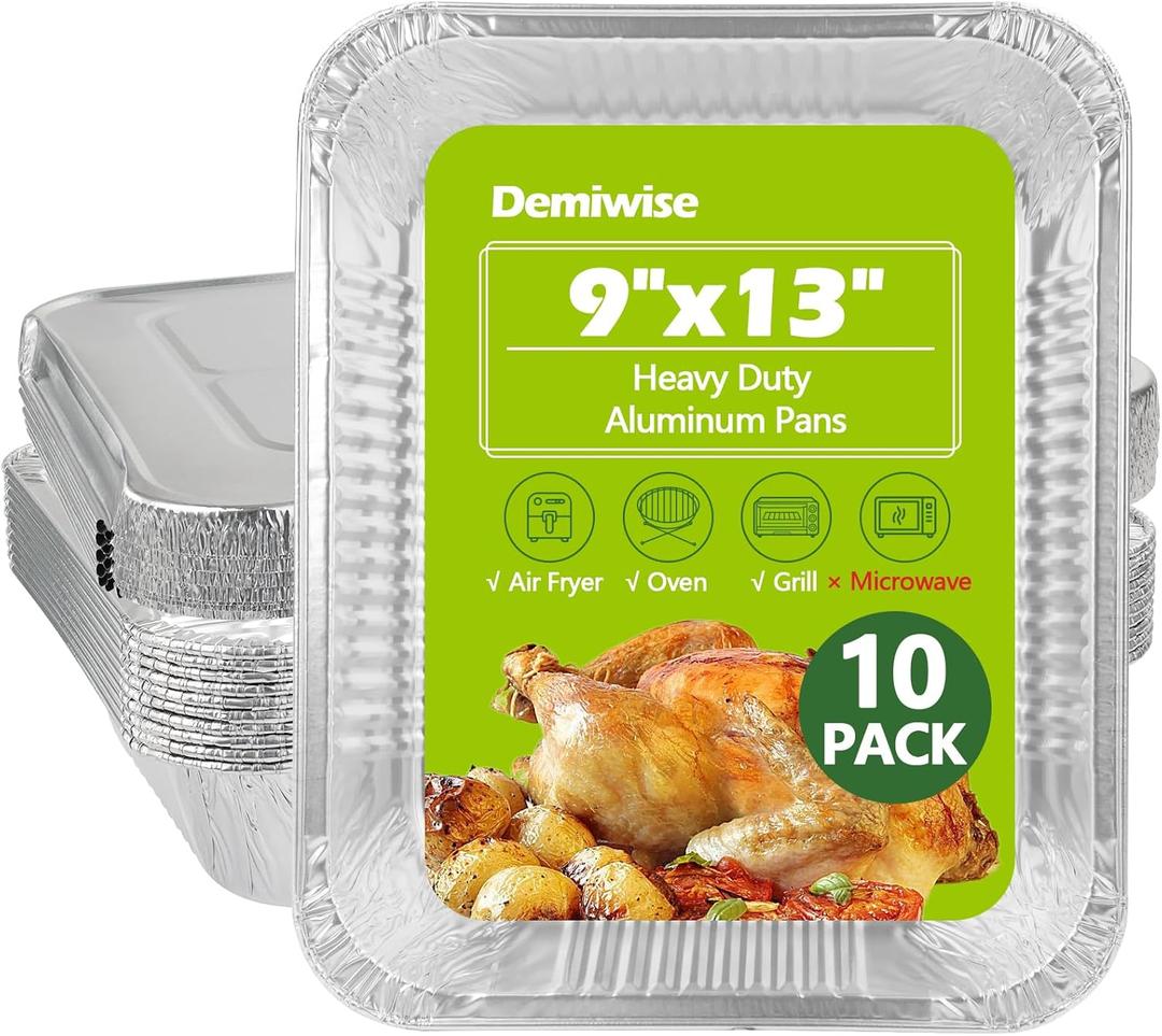 Demiwise Thickened 10 Pack Heavy Duty Aluminum Pans with Lids, 9x13 Aluminum Foil Pans Disposable, Half Size Steam Table Foil Baking Tray for Cooking, Baking, Roasting & Chafing, Carton Packaging