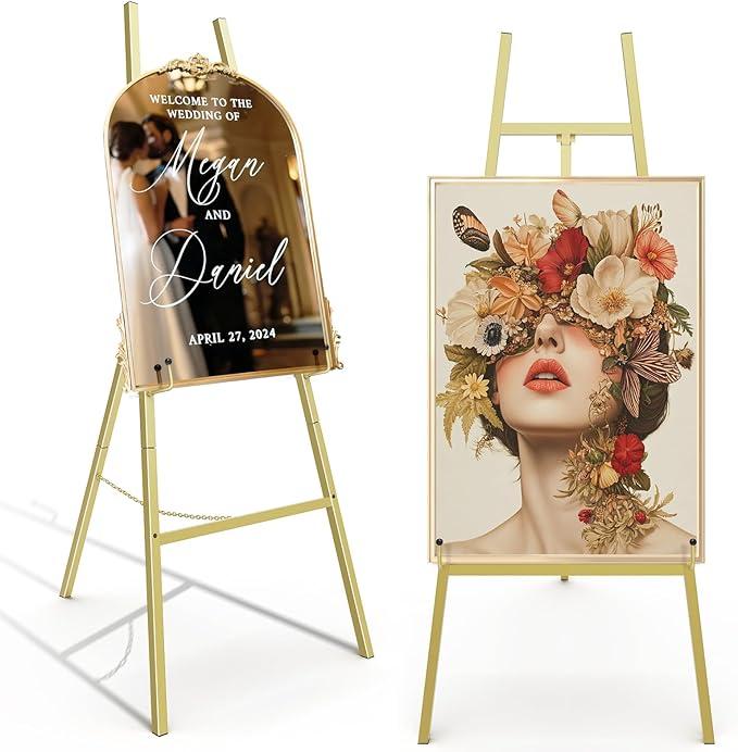 Gold Easel Stand for Sign, Heavy Duty Metal Display Easel with Adjustable Chain, Art Easel for Painting, Wedding Sign, Posters & Commercial Display