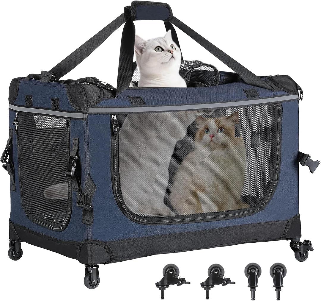 PEGIC 24-inch Foldable Cat Carrier with Removable Wheels – Large Pet Travel Carrier for Cats & Small Dogs, Breathable & Sturdy for Car Rides (Holds up to 44lbs)