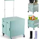 Folding Utility Cart Portable Rolling Crate Handcart Shopping Trolley Collapsible Tool Box, with Lid, on Rotate Wheels, for Grocery, Shopping, Office, Teacher, Camp,File (Green)