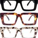REAVEE 3 Pack Reading Glasses for Women Men, Blue Light Blocking Readers Stylish Square with Spring Hinge, 0.0X