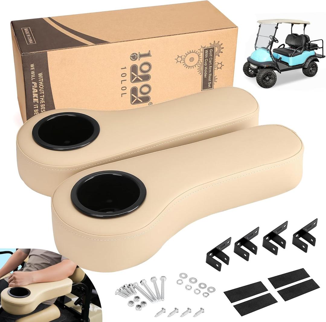 10L0L Golf Cart Rear Seat Kit Arm Rest Set with Cup Holder for Yamaha EZGO Club Car Golf Cart UV-Proof Coating Long Lasting, No Drilling Kits Include (Beige)