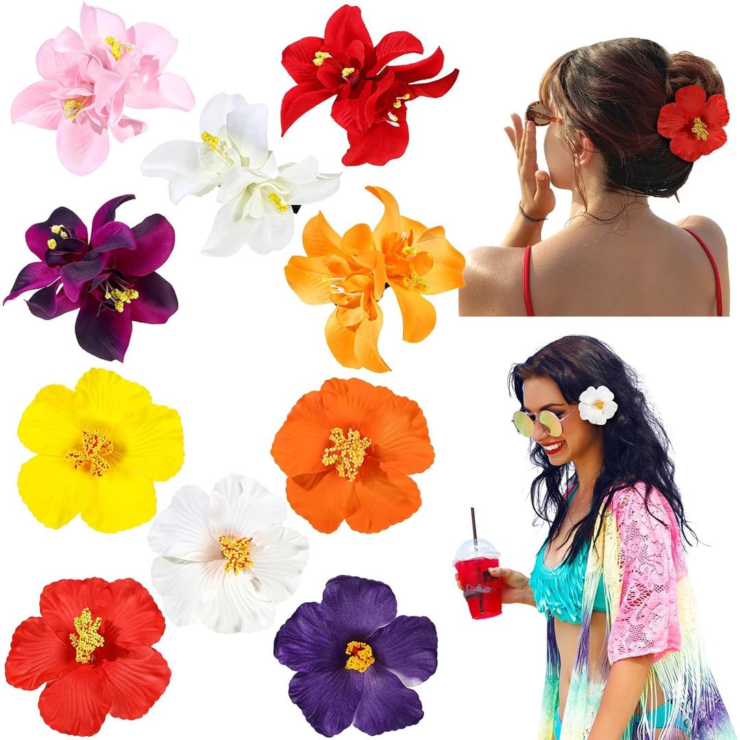 10 Pcs Hawaiian Flower Hair Clips for Women, Plumeria Hibiscus Hair Clips, Artificial Flower Clips 3.5 Inch Hair Accessories for Vacation Party Beach Seaside