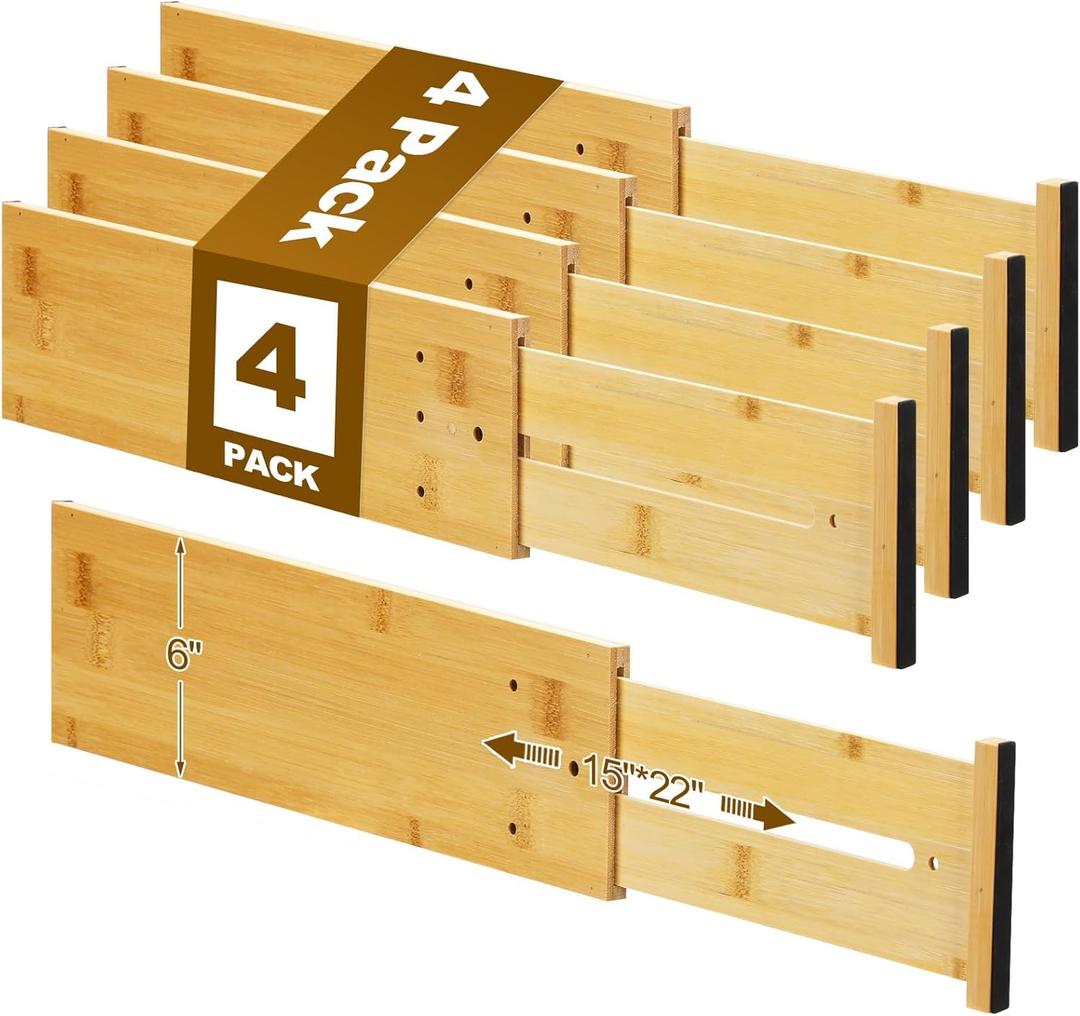 4 Pcs Deep Bamboo Drawer Dividers, Deep Kitchen Dresser Drawer Organizer with Spring Loaded for Clothes, Adjustable Expandable from 15-22 Inch (Wood Color, 6 Inch)