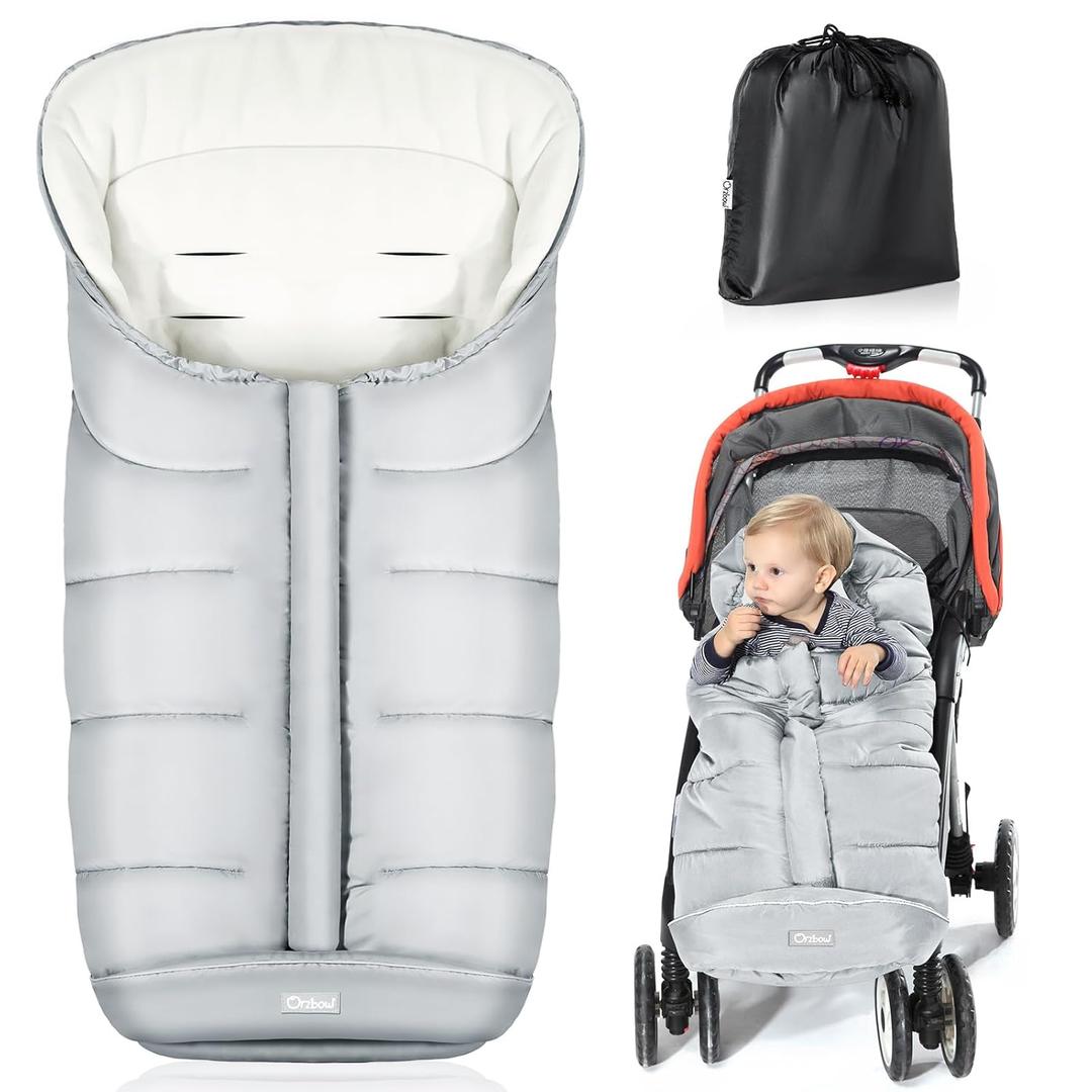 Orzbow Universal Footmuff for Baby, Winter Warm Stroller Bunting Bag, Waterproof Windproof Warm Coral Fleece Lined Toddler Sleeping Bag, Light Grey (Large)