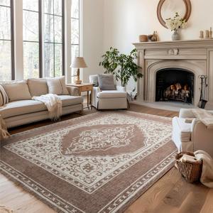 Bedsure 8x10 Area Rugs for Living Room, Machine Washable Rugs, Non-Slip Backing, Non-Shedding, Vintage Low Pile Easy Care Throw Carpet for Bedroom Dining Room, Brown