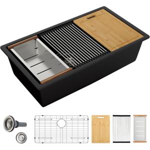 Sarlai 28 Black Kitchen Sink Granite Composite - 28 x 19 inch Kitchen Sink Undermount Matte Black Granite Composite Quartz Single Bowl Under Counter Ledge Workstation Kitchen Sinks Basin