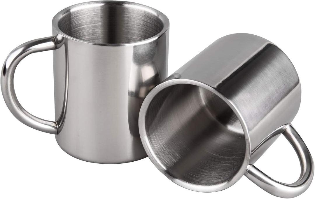 IMEEA Unbreakable Mugs for Kids Double Walled Camping Coffee Mugs 7.5oz/220ml Stainless Steel Mug with Handle, Set of 2 (Silver)