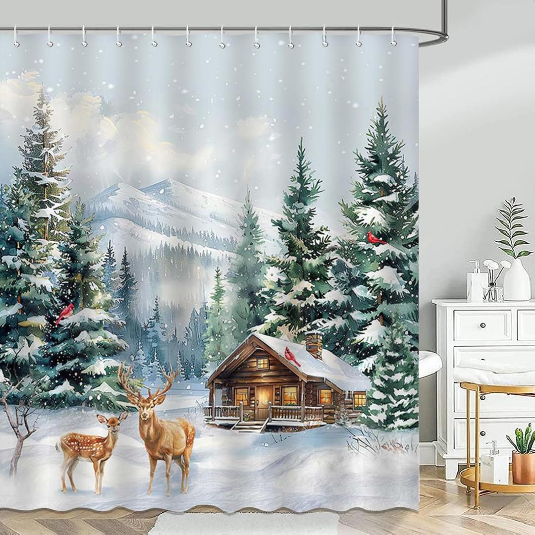 Mocsicka Winter Christmas Shower Curtain Winter Forest Deer Pine Tree Bathroom Shower Curtain Snowy Winter Rustic Farmhouse Waterproof Bathtub Curtain Decor with 12 Hooks 72 X 72 Inches