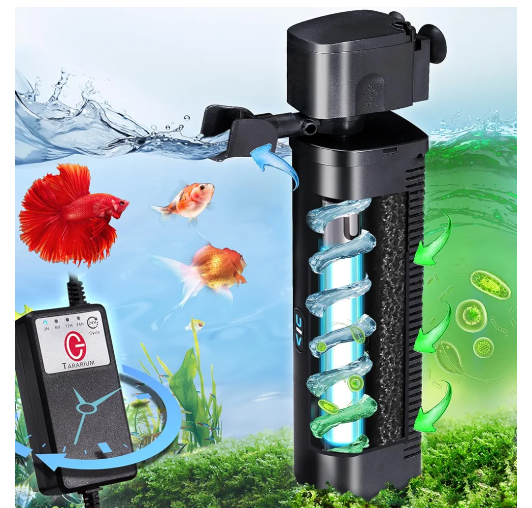 Aquarium U-V Filter 290GPH w/ Scientific Timer for 40-150 Gallon Fish Turtle Tank Internal Filter Bio Sponge Submersible Power Pump w/ Aeration Deodorization Saltwater Freshwater Green Clean Machine200+ bought in past month