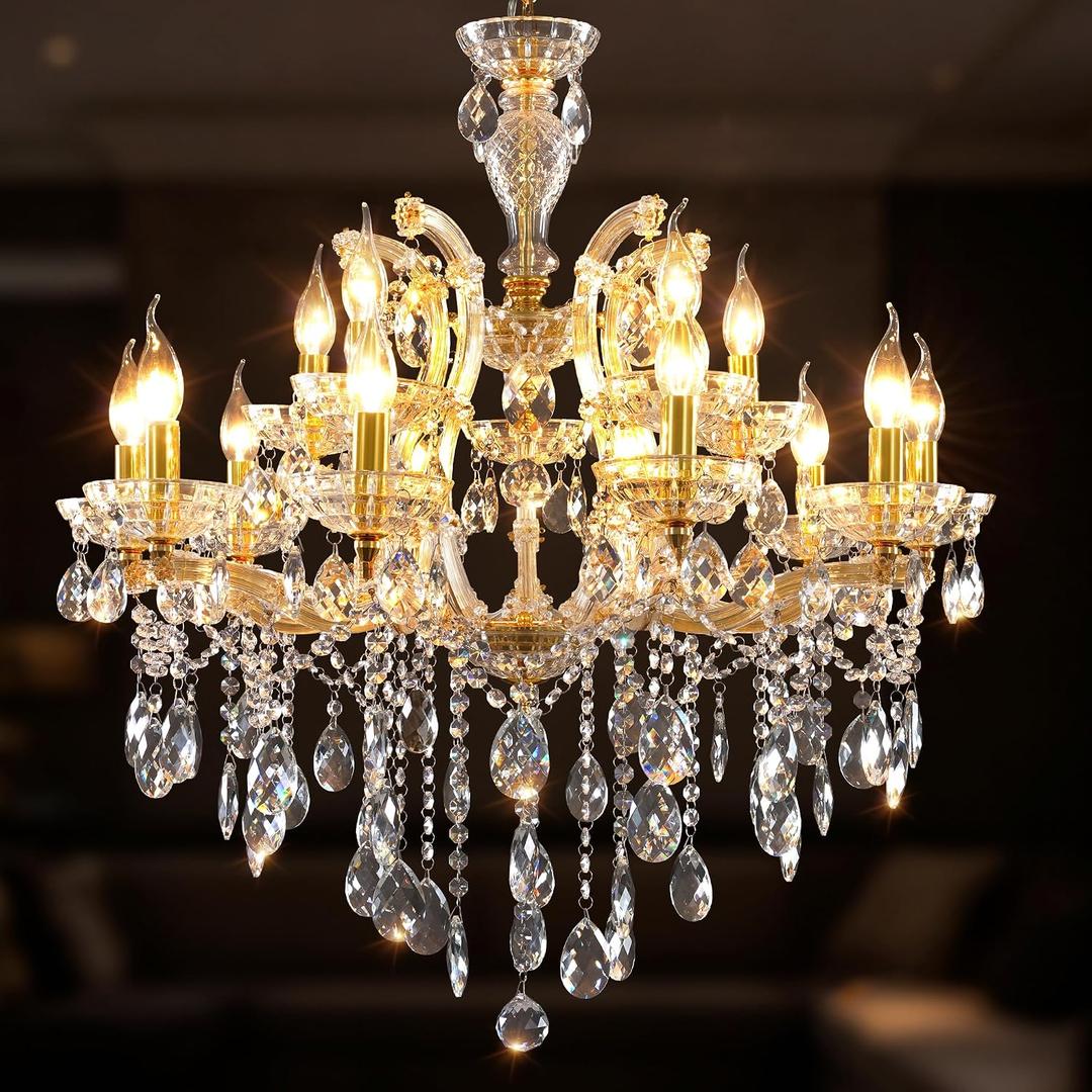 Modern Crystal Chandeliers Luxury Gold Maria Theresa Chandelier for Dining Room, Living Room, Entryway, Staircase 2 Layers 15 Lights High Ceiling Pendant Lamp D29.5 H28.7, 15‑Lights-Gold Finish