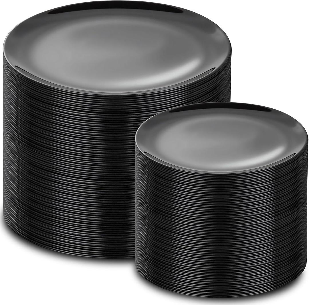 PULOTE 200PCS Black Plastic Plates - Heavy Duty Black Disposable Include 100 Each (10 inch Dinner & 7 inch Dessert) Plates, Disposable for Party, Birthday & Graduation