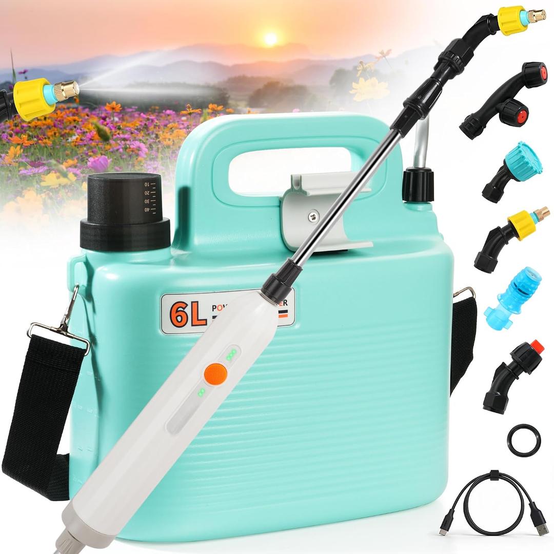 Electric Garden Sprayer 1.6 Gallon, Battery Powered Sprayer with 5 Nozzles & Extra O-Ring, Cordless Automatic Plant Sprayer with Telescopic Wand for Lawn and Garden