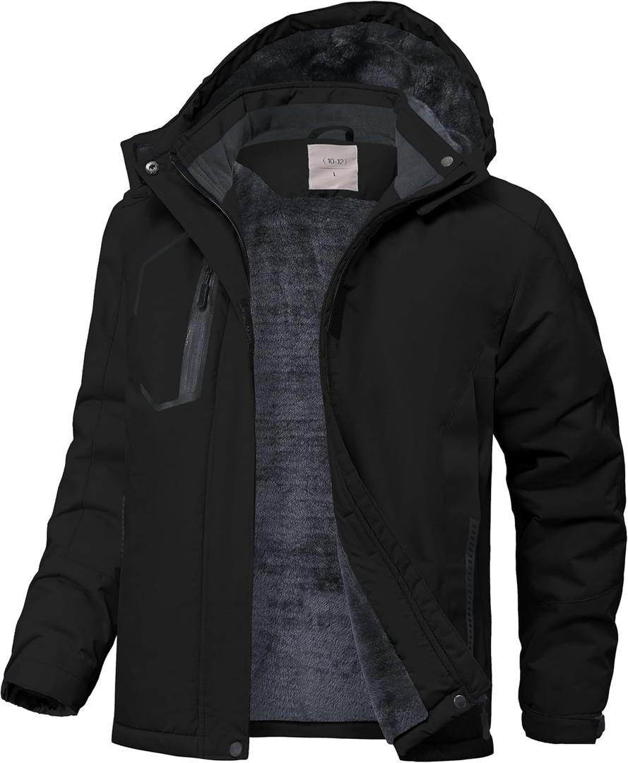 Kids Winter Jackets Warm Fleece Waterproof Snow Jacket with Zipper Pockets Detachable Hood (Large, Black)