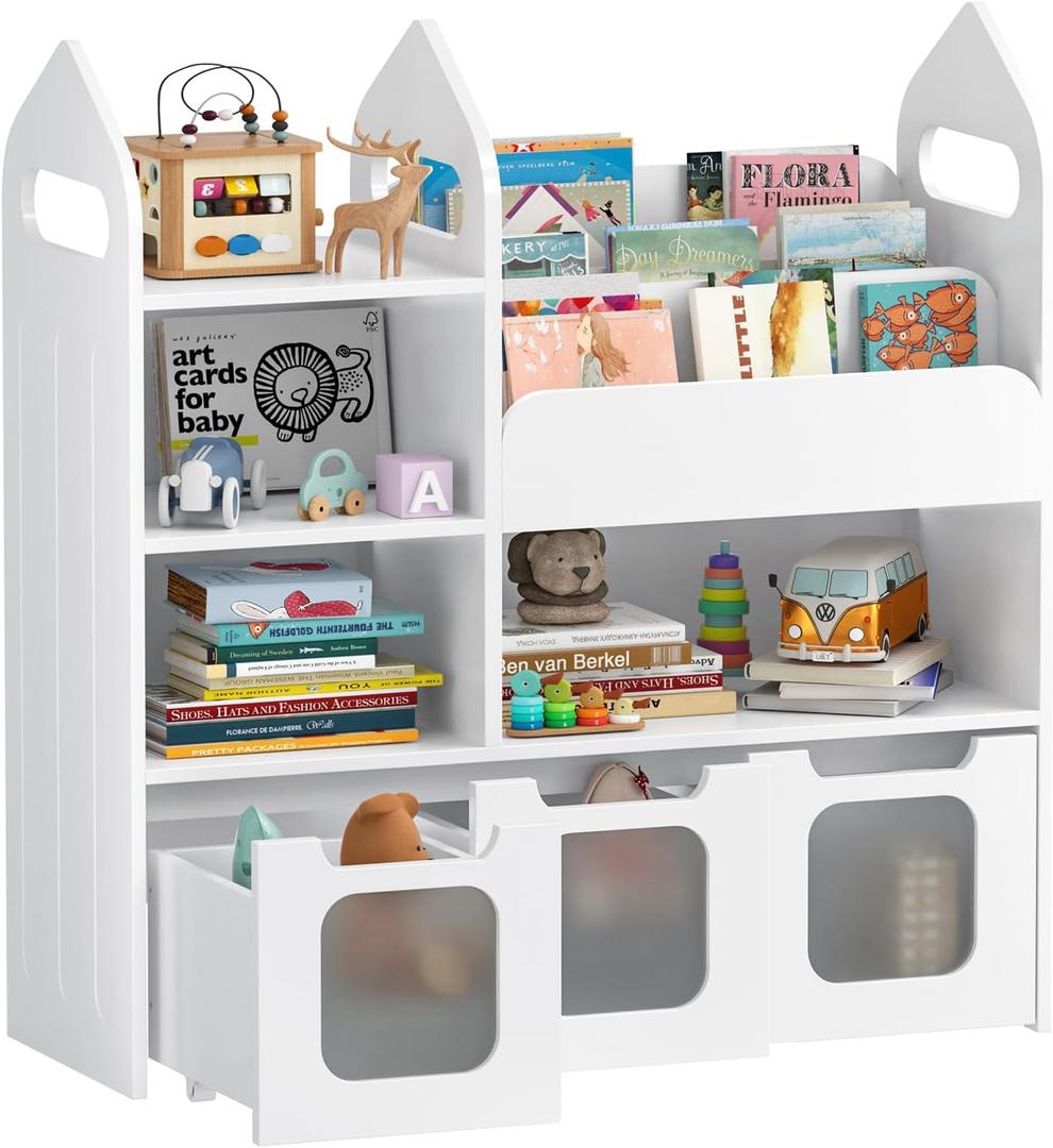 Toy Storage Organizer with 3 Movable Drawers and 3 Storage Cubby, 33.5" H Kids Bookshelf and Toy StorageBook Shelf for Kids Room, Nursery, Playroom, Bedroom, White (Large)