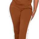 PINSV Women's 2 Piece Outfits Short Sleeve Tops Sweatpants Colorblock Bodycon Lounge Sets Tracksuit (X-Large, Brown)