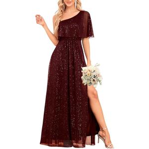 Women's Formal Evening Gowns Dresses Long Glitter One Shoulder Elegant A Line Split Wedding Guest Ball Dress
 Size XL