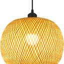 Bamboo Pendant Light,15.7'' Boho Rustic Chandelier, Island Dining Beige Ceiling Light Ball Shape, Natural Wicker Fixtures for Living Room, Farmhouse, Bedroom Hand-Woven Rattan Bamboo Lamp (40cm)