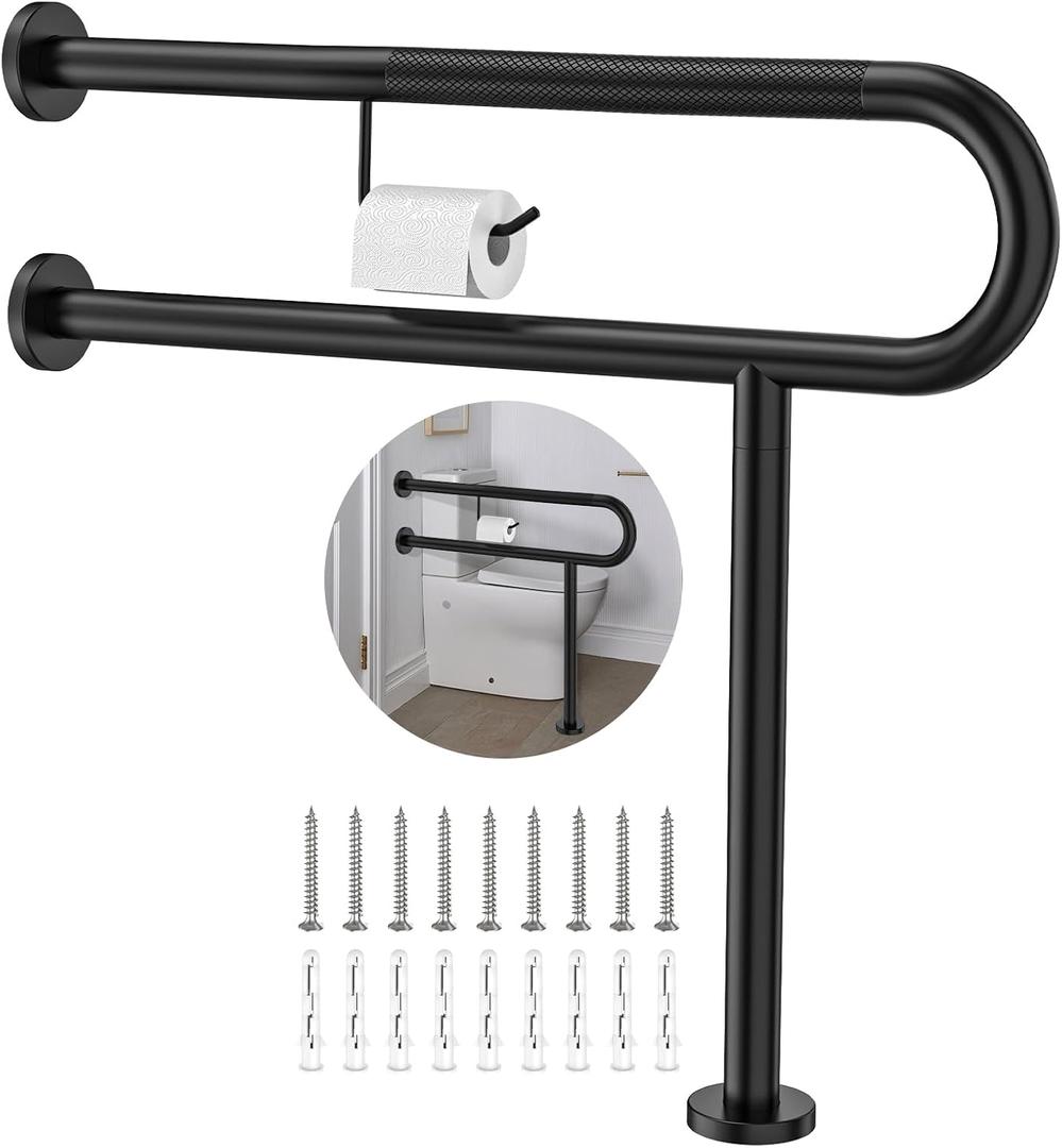 Toilet Support Rail w/Toilet Paper Holder 31.5x28 Inch, ZUEXT Wall to Floor Matte Black Anti-slip Handicap Grab Bar for Bathroom,Stainless Steel Safety handrails with Leg for Elderly Disabled Pregnant