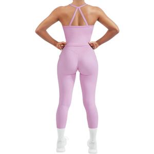 SUUKSESS Women 2 Piece Workout Sets Compression Tummy Control Leggings with Pockets Halter Built in Bra Tank Tops (Small, Light Pink)