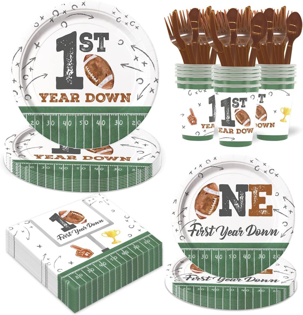Football First Year Down Birthday Decorations, 168pcs Paper Plates Napkins Set Football Theme Dinnerware Including Plates, Napkins, Cups, Knives, Forks, Spoons for Birthday Party Supplies