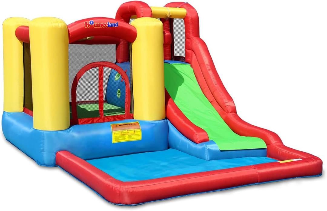 Bounceland Jump and Splash Adventure Bounce House or Water Slide All in one, Large Pool, Fun Bouncing Area with Basketball Hoop, Long Slide with Climbing Wall, UL Certified Blower Included