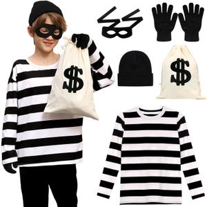 5 PCS Halloween Kids Bank Robber Costume Set, Include Black and White Striped Shirt for Burglar Thief Cosplay (8-10 Years)