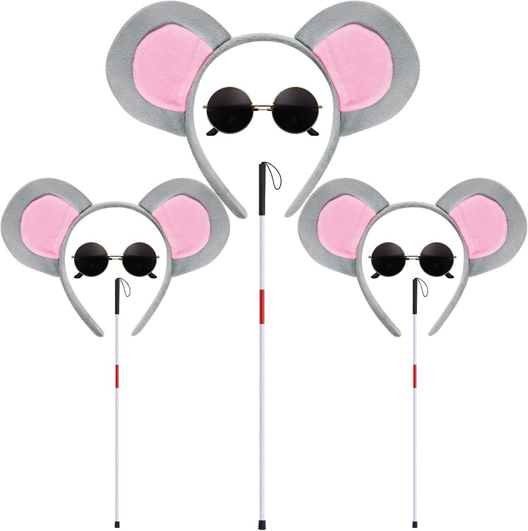 Mouse Costume Ears-Headband-Tail-Nose-Bow-Tie Accessories Set : Standing Up Grey and Pink Ears Headband and Tail, Bow Tie Mouse Halloween Accessories Set - for Adult Toddlers and Kids