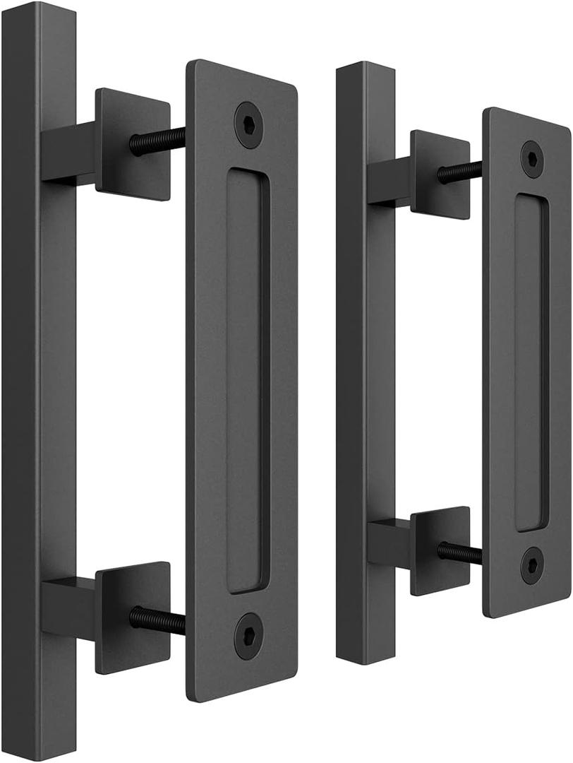 SMARTSTANDARD 2 Pack Barn Door Handles Set, 12" Large Rustic Two-Side Design, Pull and Flush Sliding Door Handle for Gates Garages Sheds Furniture, Black, Square
