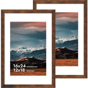 iRahmen 16x24 Poster Frame with 12x18 Mat - Plexiglass Wooden Picture Frames for Photo Wall Gallery Mounting (Dark Brown, Set of 2)