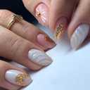 2 x MERVF Oval Press on Nails Medium Fake Nail White Gold 3D Shell Round Glue ons Nail Glitter Acrylic False Supplies Art DIY Glossy 24pcs