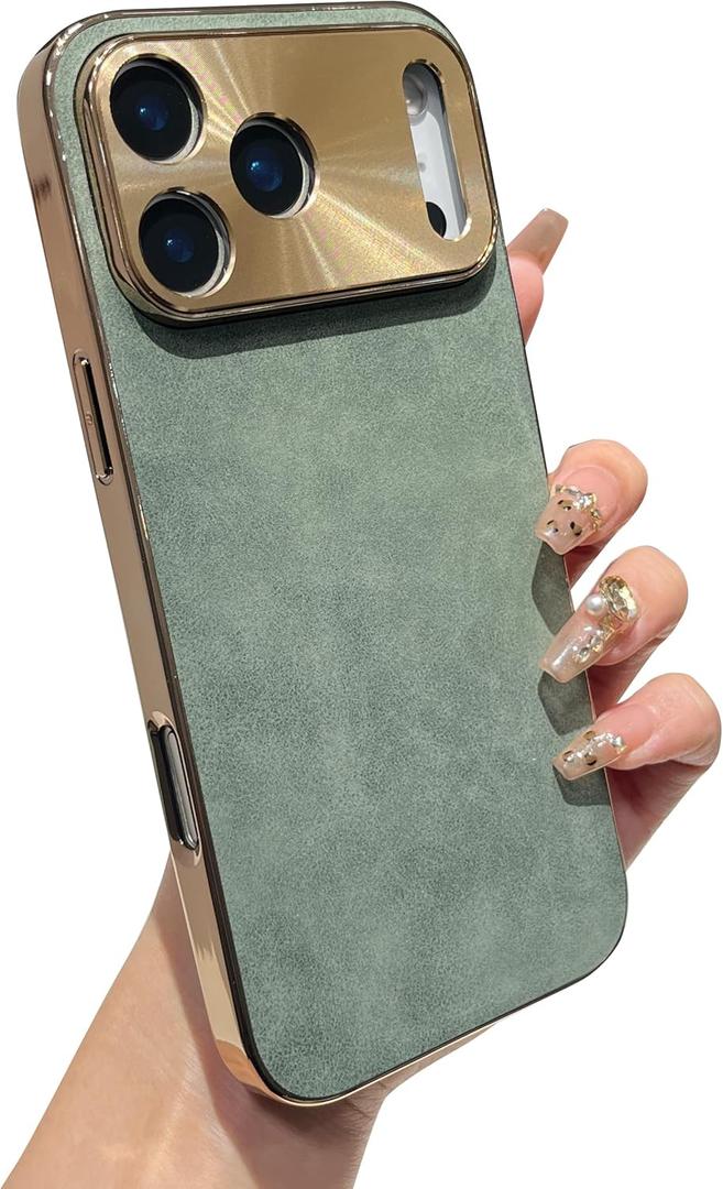 Caseative Plating Camera Lens Protection Soft Touch Suede Leather Compatible with iPhone Case (Green,iPhone 17 Pro Max)